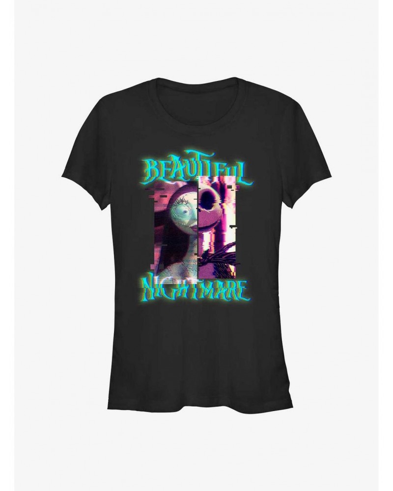 The Nightmare Before Christmas Jack & Sally Glitchy Beautiful Nightmare Girls T-Shirt $12.20 T-Shirts